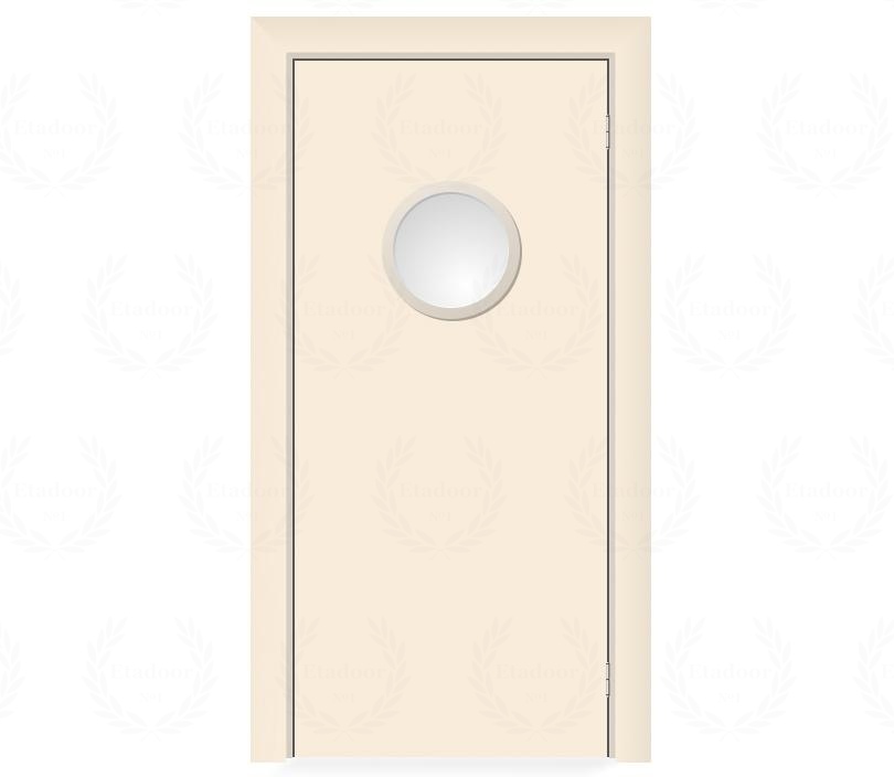 Влагостойкая дверь ПВХ EtaDoor с иллюминатором кремовая маятниковая одностворчатая с алюминиевой кромкой