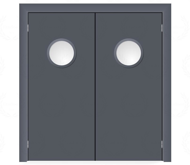 Влагостойкая дверь ПВХ EtaDoor с иллюминатором серая маятниковая двухстворчатая с ПВХ  кромкой