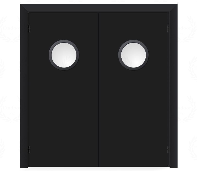 Влагостойкая дверь ПВХ EtaDoor с иллюминатором черная маятниковая двухстворчатая с ПВХ кромкой