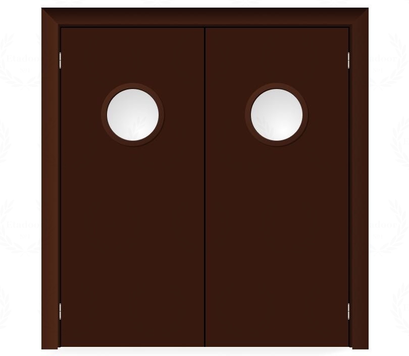 Влагостойкая дверь ПВХ EtaDoor с иллюминатором коричневая маятниковая двухстворчатая с алюминиевой кромкой