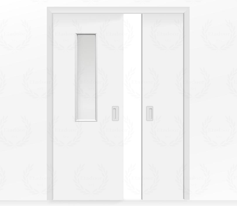 Дверь пенал раздвижная встроенная в стену двухстворчатая белая с окном