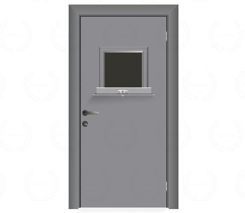 Влагостойкая дверь ПВХ EtaDoor с передаточным окном серая одностворчатая с ПВХ кромкой