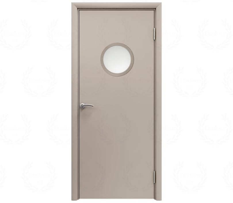 Влагостойкая дверь ПВХ EtaDoor с иллюминатором бежевая одностворчатая с ПВХ кромкой