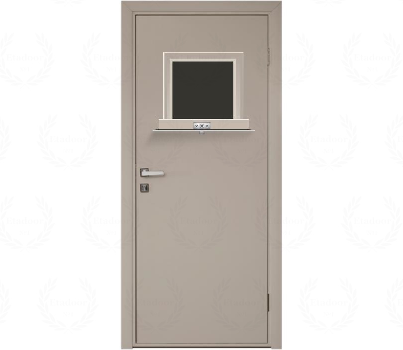 Влагостойкая дверь ПВХ EtaDoor с передаточным окном бежевая одностворчатая с ПВХ кромкой