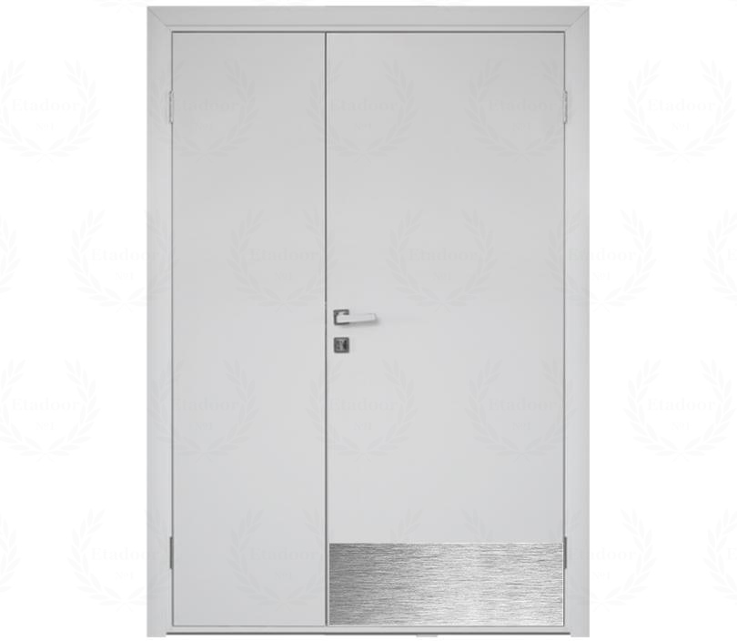 Влагостойкая дверь ПВХ EtaDoor глухая белая полуторастворчатая с отбойной пластиной