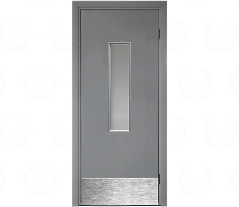 Влагостойкая дверь ПВХ EtaDoor с окном серая маятниковая одностворчатая с ПВХ кромкой