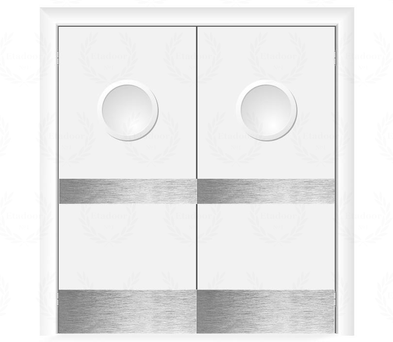 Влагостойкая дверь ПВХ EtaDoor с иллюминатором белая маятниковая двухстворчатая с отбойной пластиной
