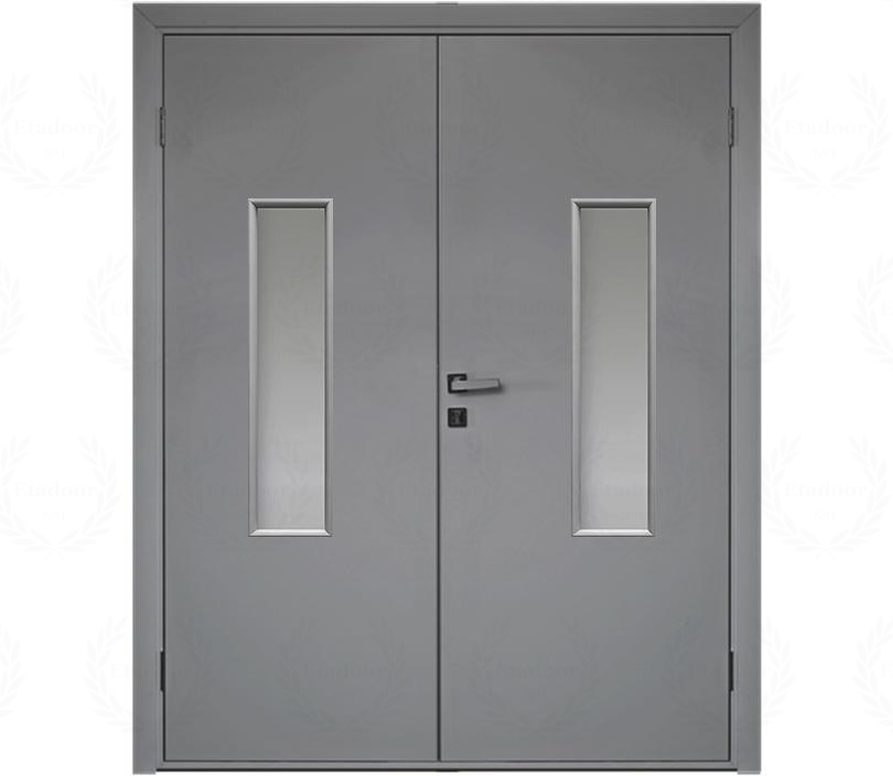 Влагостойкая дверь ПВХ EtaDoor с окном серая двухстворчатая с алюминиевой кромкой