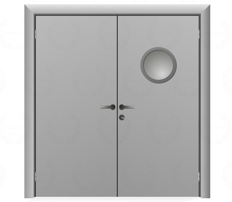 Влагостойкая дверь ПВХ EtaDoor с иллюминатором серая двухстворчатая с алюминиевой кромкой