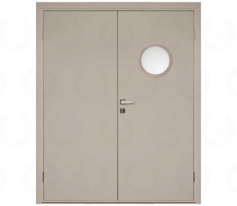 Влагостойкая дверь ПВХ EtaDoor с иллюминатором бежевая двухстворчатая с алюминиевой кромкой
