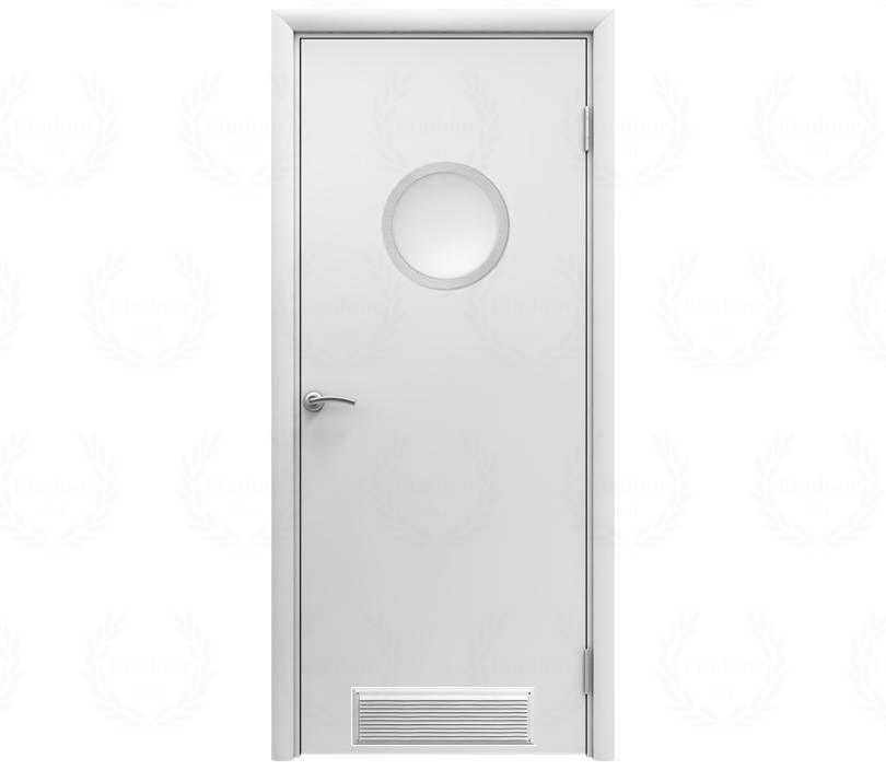 Влагостойкая дверь ПВХ EtaDoor с иллюминатором белая одностворчатая с вентиляционной решеткой