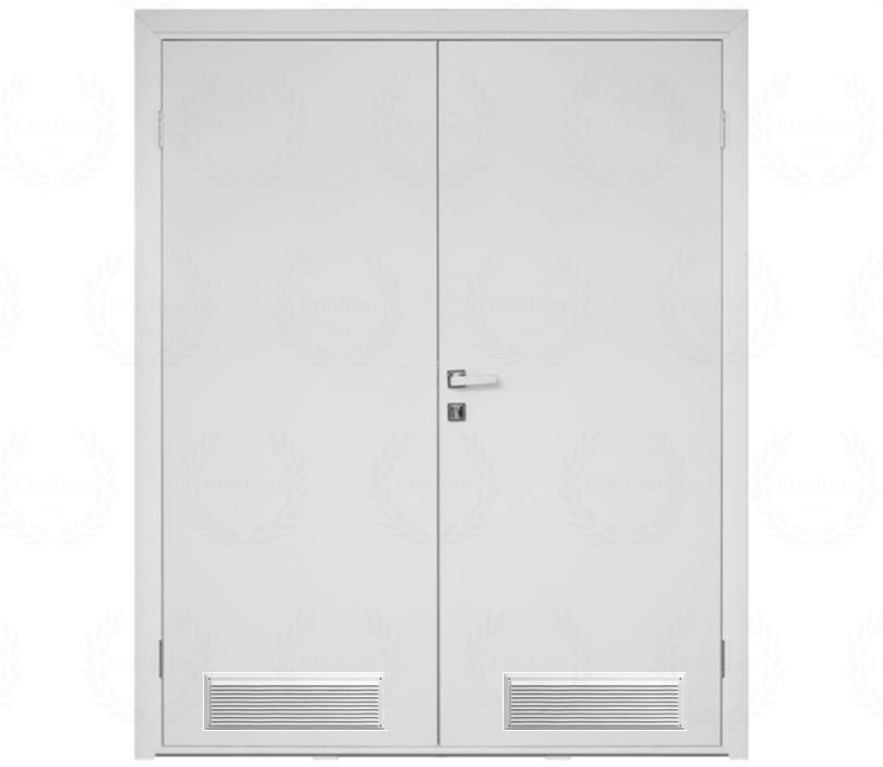 Влагостойкая дверь ПВХ EtaDoor глухая белая двухстворчатая с вентиляционной решеткой