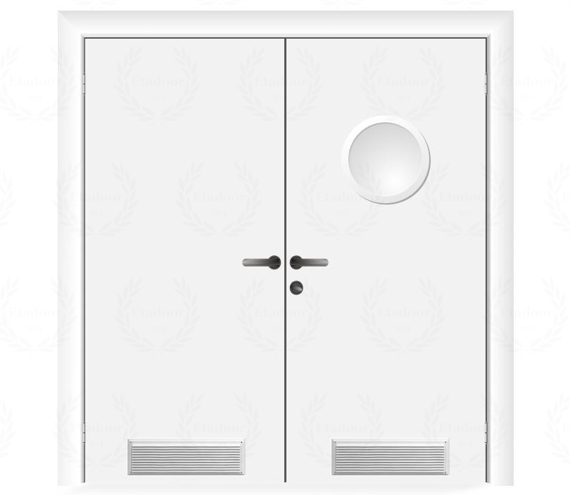 Влагостойкая дверь ПВХ EtaDoor с иллюминатором белая двухстворчатая с вентиляционной решеткой
