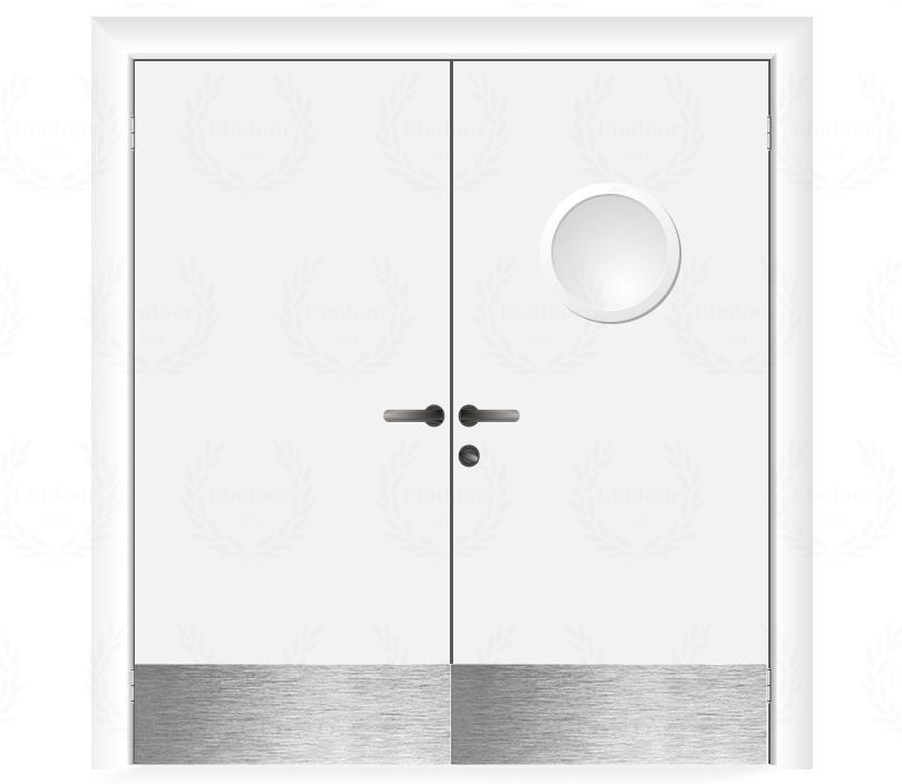 Влагостойкая дверь ПВХ EtaDoor с иллюминатором белая двухстворчатая с отбойной пластиной