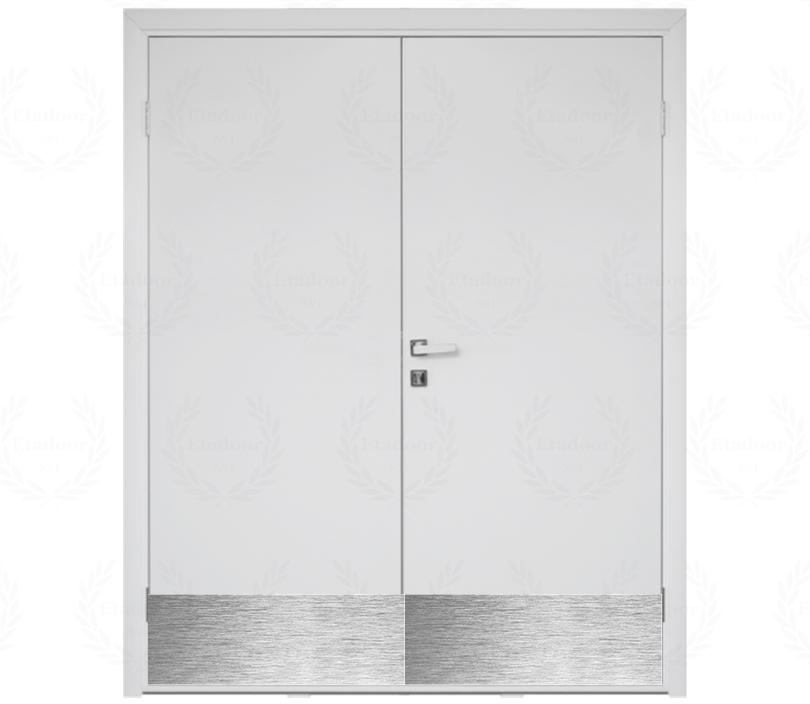Влагостойкая дверь ПВХ EtaDoor глухая белая двухстворчатая с отбойной пластиной