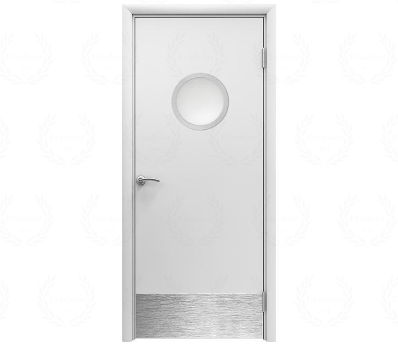Влагостойкая дверь ПВХ EtaDoor с иллюминатором белая одностворчатая с отбойной пластиной