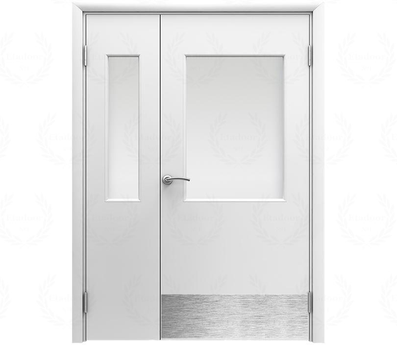 Влагостойкая дверь ПВХ EtaDoor с окном белая полуторастворчатая с отбойной пластиной