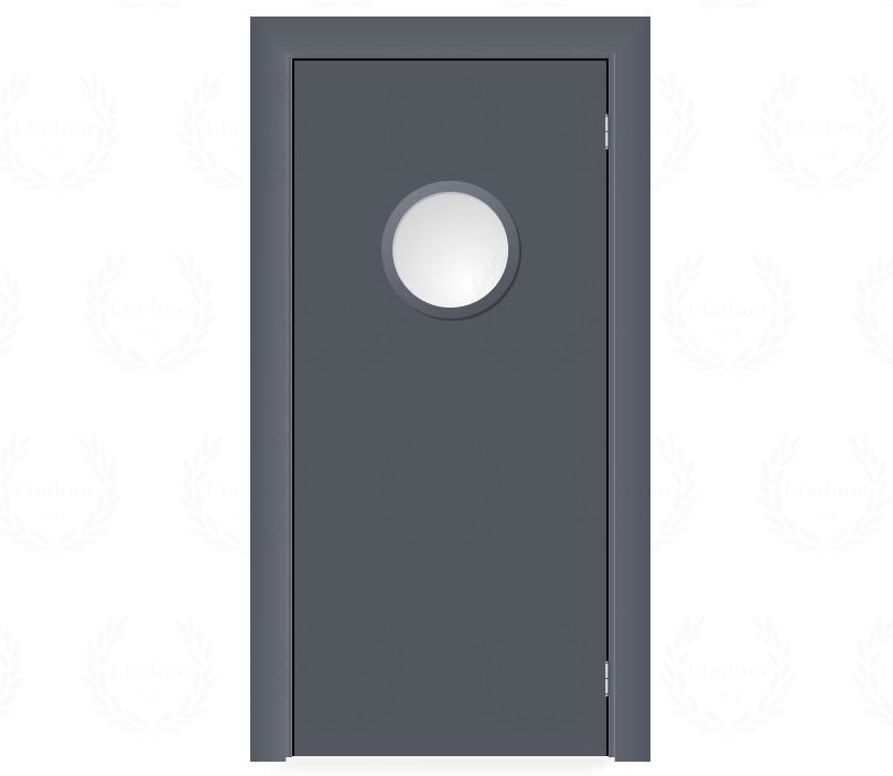 Влагостойкая дверь ПВХ EtaDoor с иллюминатором серая маятниковая одностворчатая с алюминиевой кромкой