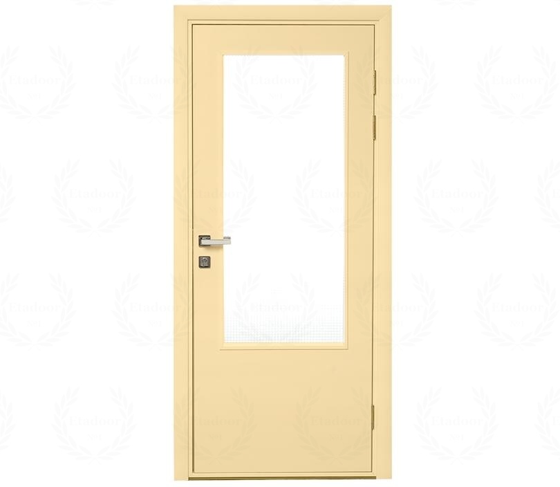 Влагостойкая дверь ПВХ EtaDoor с окном ванильная одностворчатая с алюминиевой кромкой