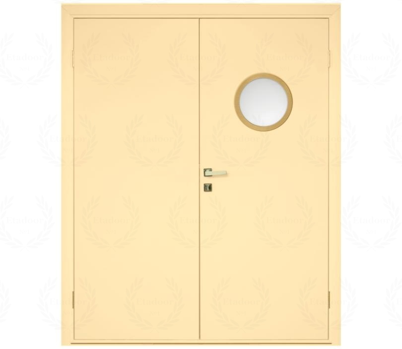Влагостойкая дверь ПВХ EtaDoor с иллюминатором ванильная двухстворчатая с алюминиевой кромкой