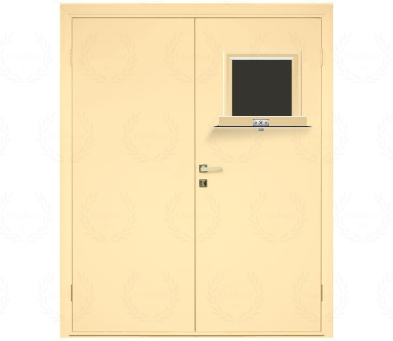 Влагостойкая дверь ПВХ EtaDoor с передаточным окном ванильная двухстворчатая с алюминиевой кромкой