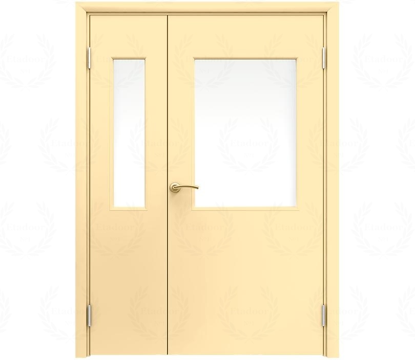 Влагостойкая дверь ПВХ EtaDoor с окном ванильная полуторастворчатая с алюминиевой кромкой