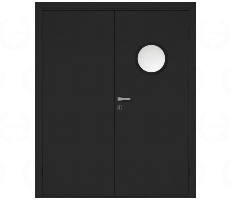 Влагостойкая дверь ПВХ EtaDoor с иллюминатором черная двухстворчатая с ПВХ кромкой