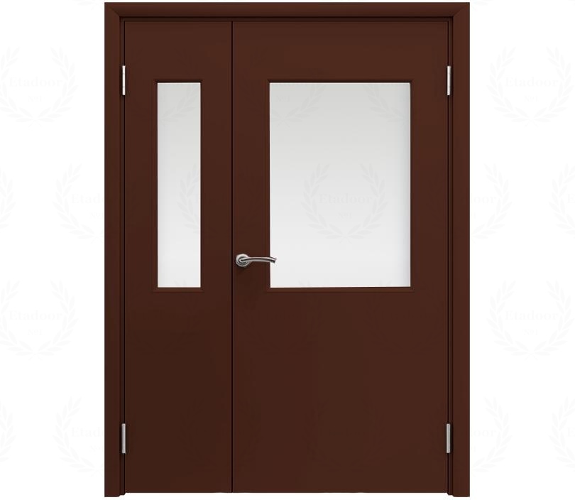 Влагостойкая дверь ПВХ EtaDoor с окном коричневая полуторастворчатая с ПВХ кромкой