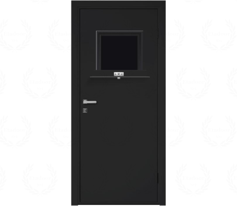 Влагостойкая дверь ПВХ EtaDoor с передаточным окном черная одностворчатая с алюминиевой кромкой