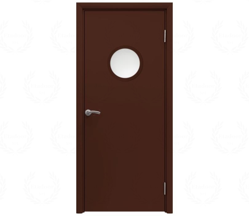 Влагостойкая дверь ПВХ EtaDoor с иллюминатором коричневая одностворчатая с алюминиевой кромкой