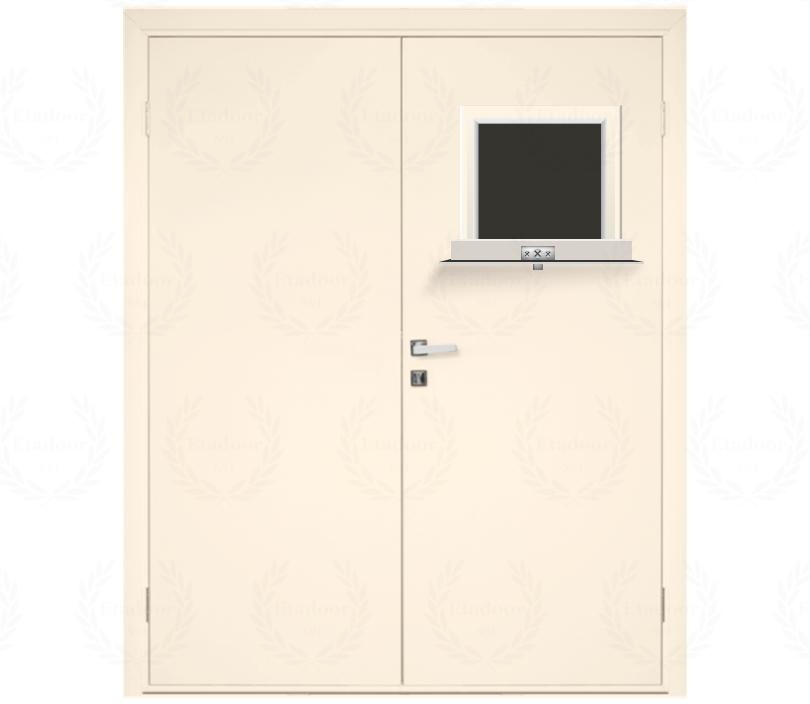 Влагостойкая дверь ПВХ EtaDoor с передаточным окном кремовая двухстворчатая с ПВХ кромкой