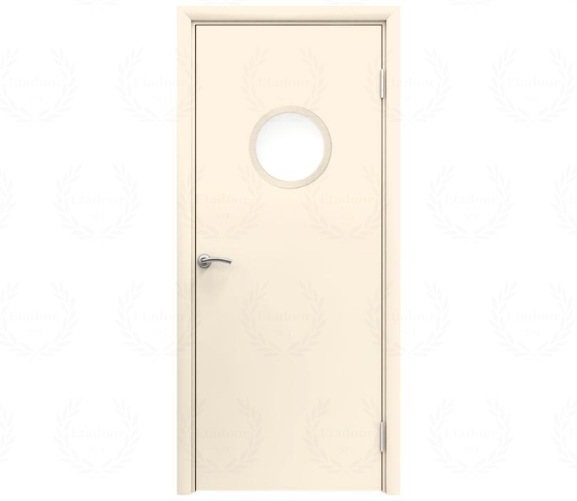 Влагостойкая дверь ПВХ EtaDoor с иллюминатором кремовая одностворчатая с ПВХ кромкой
