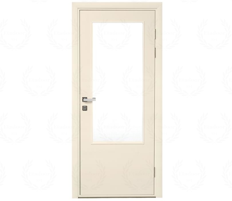 Влагостойкая дверь ПВХ EtaDoor с окном кремовая одностворчатая с ПВХ кромкой