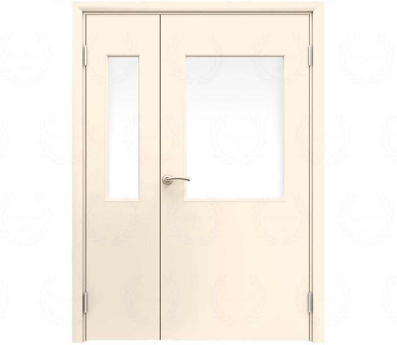 Влагостойкая дверь ПВХ EtaDoor с окном кремовая полуторастворчатая с алюминиевой кромкой