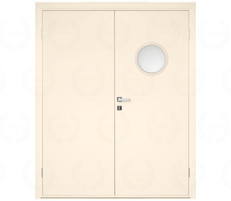 Влагостойкая дверь ПВХ EtaDoor с иллюминатором кремовая двухстворчатая с алюминиевой кромкой