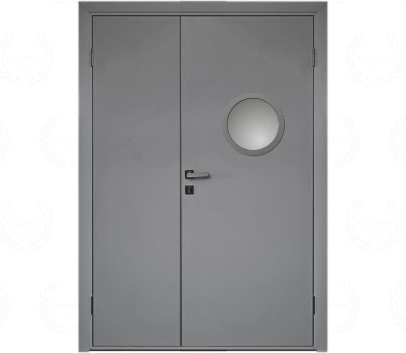 Влагостойкая дверь ПВХ EtaDoor с иллюминатором серая полуторастворчатая с алюминиевой кромкой