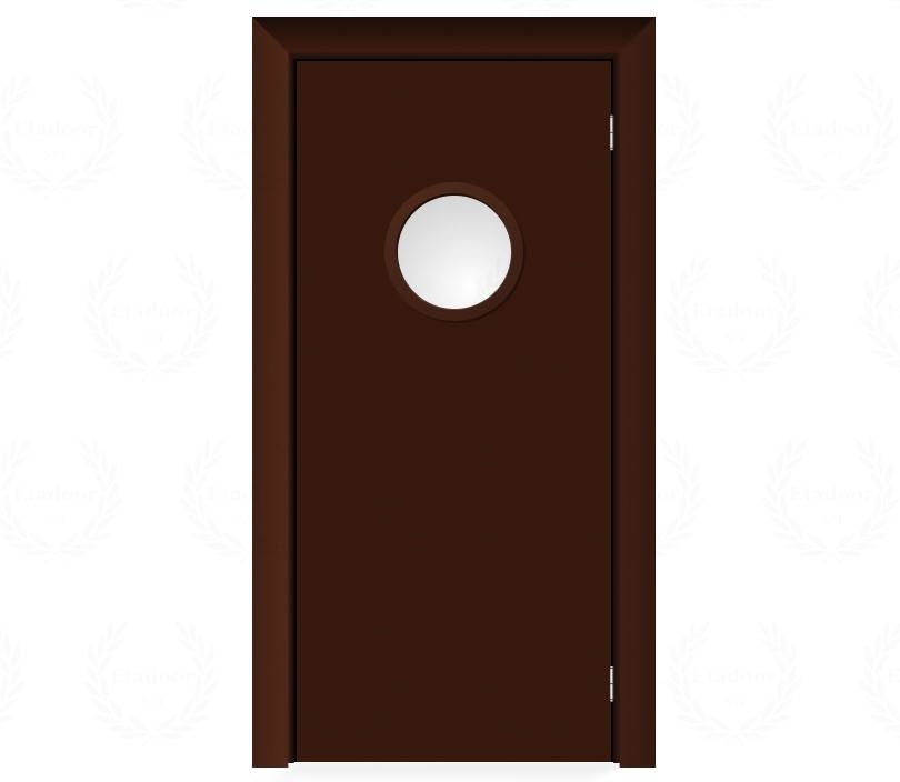 Влагостойкая дверь ПВХ EtaDoor с иллюминатором коричневая маятниковая одностворчатая с алюминиевой кромкой