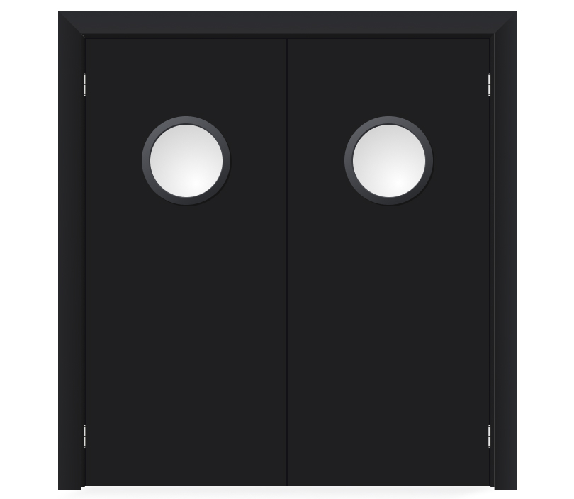 Влагостойкая дверь ПВХ EtaDoor с иллюминатором черная маятниковая двухстворчатая с алюминиевой кромкой