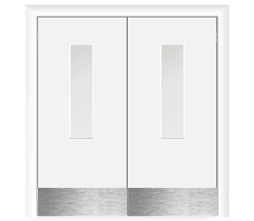 Влагостойкая дверь ПВХ EtaDoor с окном белая маятниковая двухстворчатая с отбойной пластиной