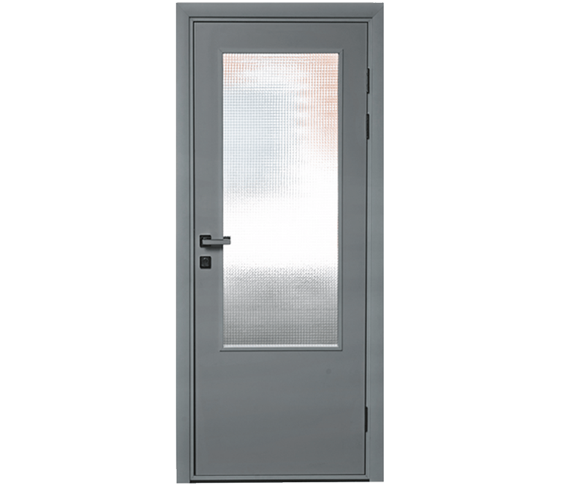 Влагостойкая дверь ПВХ EtaDoor с окном серая одностворчатая с ПВХ кромкой