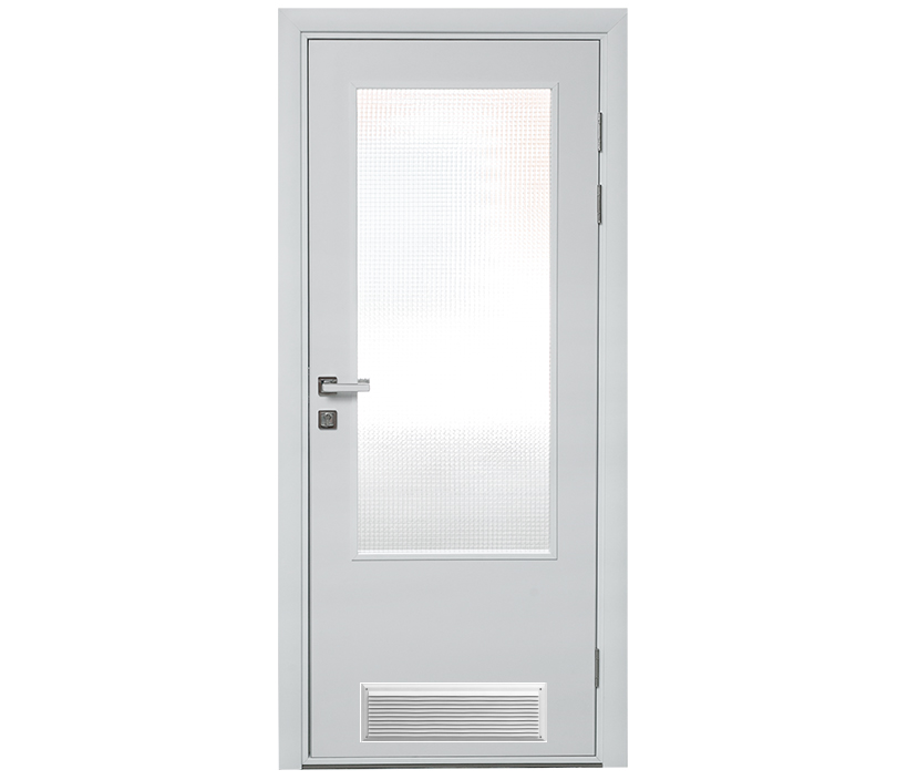 Влагостойкая дверь ПВХ EtaDoor с окном белая одностворчатая с вентиляционной решеткой