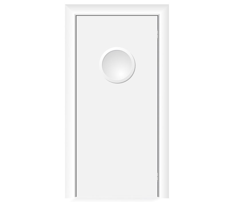 Влагостойкая дверь ПВХ EtaDoor с иллюминатором белая маятниковая одностворчатая с ПВХ кромкой