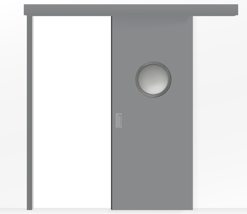 Влагостойкая раздвижная одностворчатая дверь ПВХ с иллюминатором серая