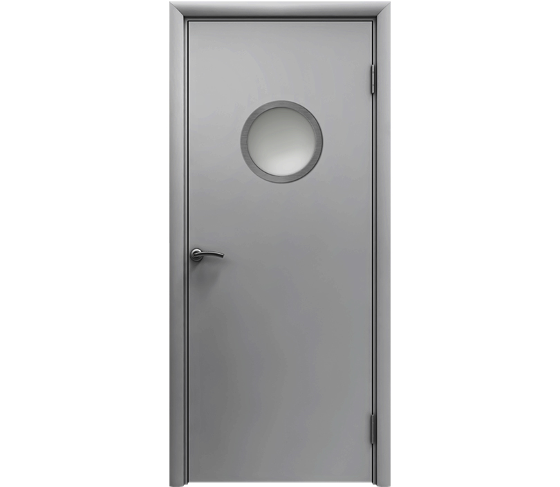 Влагостойкая дверь ПВХ EtaDoor с иллюминатором серая одностворчатая с алюминиевой кромкой