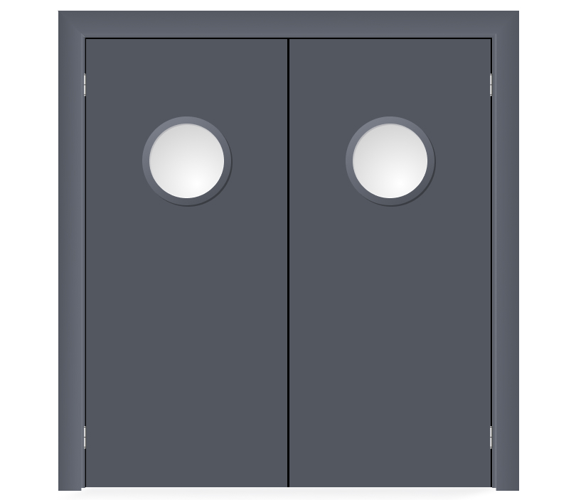 Влагостойкая дверь ПВХ EtaDoor с иллюминатором серая маятниковая двухстворчатая с алюминиевой кромкой