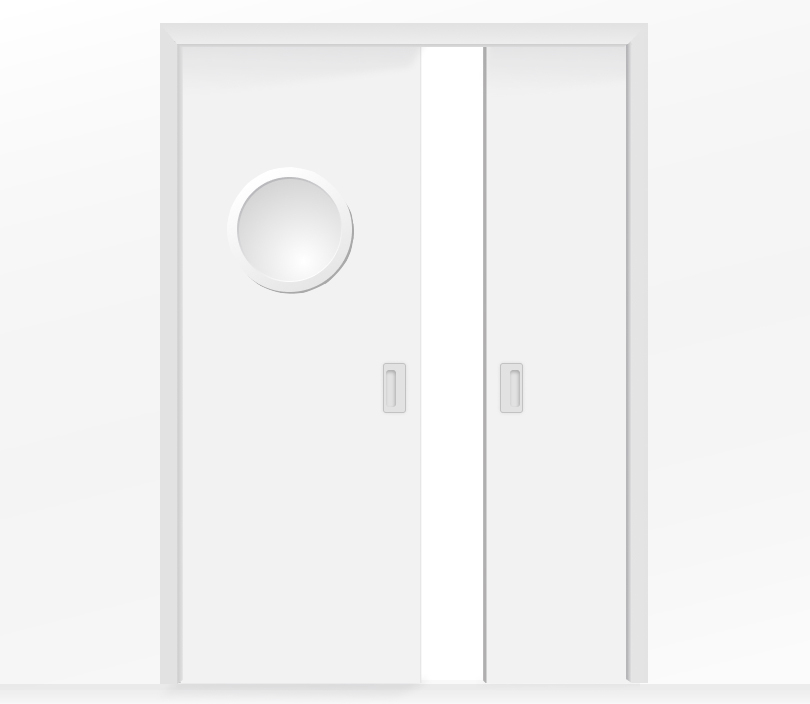 Дверь пенал раздвижная встроенная в стену двухстворчатая белая с иллюминатором