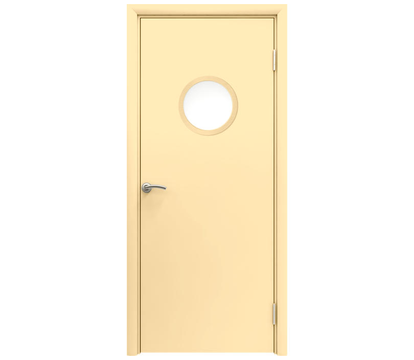 Влагостойкая дверь ПВХ EtaDoor с иллюминатором ванильная одностворчатая с алюминиевой кромкой