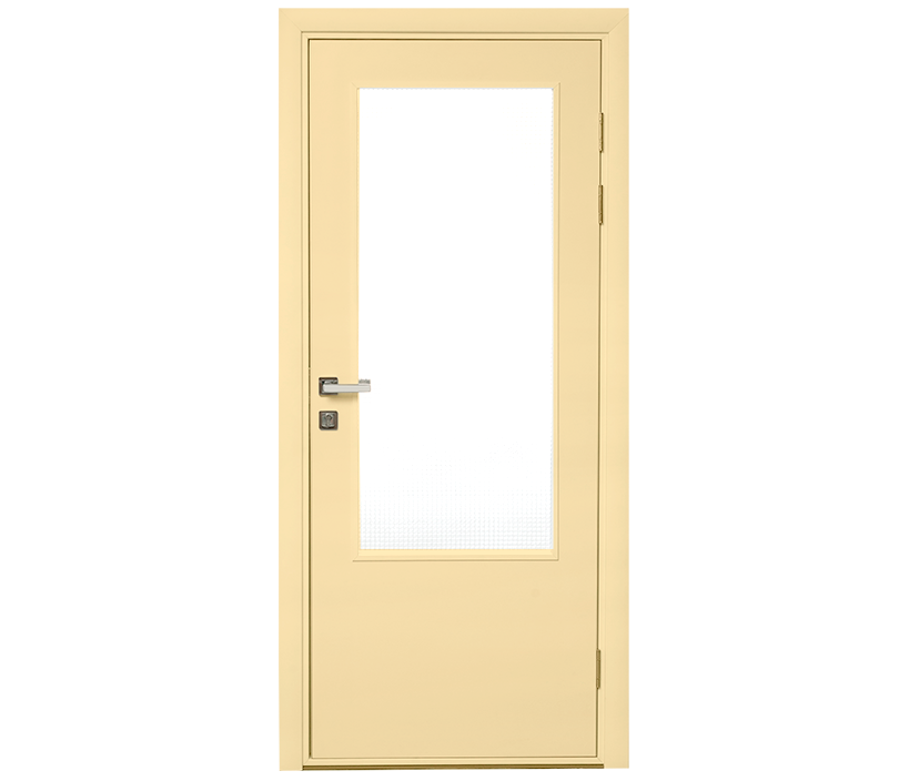 Влагостойкая дверь ПВХ EtaDoor с окном ванильная одностворчатая с ПВХ кромкой