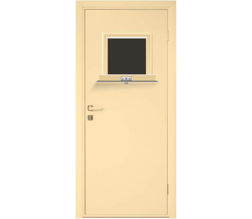 Влагостойкая дверь ПВХ EtaDoor с передаточным окном ванильная одностворчатая с ПВХ кромкой