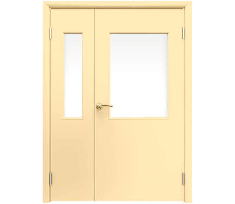 Влагостойкая дверь ПВХ EtaDoor с окном ванильная полуторастворчатая с алюминиевой кромкой